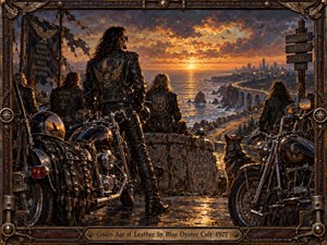 Leather-clad riders and gleaming motorcycles gather on a coastal overlook at sunset, facing a winding road and distant city. Warm amber light reflects across chrome, wet pavement, and ocean waves, while deep blues shadow the scene. Rich oil-paint textures, weathered details, symbolic signage, and an ornate metal frame create nostalgic, rebellious grandeur.