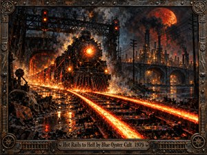 A massive black locomotive charges through a nightmarish industrial wasteland, its blazing headlight and molten rails cutting through smoke, sparks, and wet reflections. Rusted bridges, refinery towers, signal lights, and a blood-red moon deepen the apocalyptic mood. Rich oil-like textures, scorched metal tones, and a riveted frame evoke gritty 1970s hard-rock intensity.