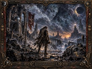 A weary lone warrior stands amid shattered gothic ruins beneath a turbulent cosmic sky filled with spectral faces and an eclipsed moon. Cold blues, charcoal grays, and bronze highlights deepen the haunted mood, while amber light burns at the horizon. Rich oil-paint textures, weathered stone, smoke, banners, and ornate metal framing intensify the apocalyptic atmosphere.