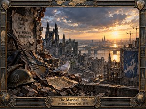 A richly detailed postwar European city rises from rubble beneath a dramatic golden sunrise, balancing destruction with renewal. A weathered electric guitar, battered helmet, map, and peaceful dove anchor the foreground. Ornate bronze framing surrounds the scene, while ruined Gothic architecture, bridges, cranes, workers, and warm amber light create a solemn yet hopeful atmosphere.
