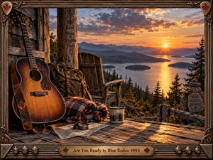 A weathered acoustic guitar and travel pack rest on a rustic cabin porch overlooking a vast mountain lake at golden sunset. Warm amber light washes across timber, a plaid blanket, map, compass, and enamel mug, creating a hopeful, reflective mood. Carved wood and metal framing reinforces the handcrafted Canadian character.
