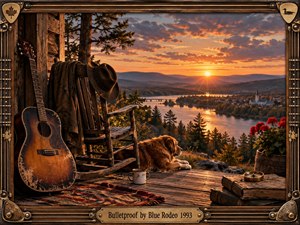 A weathered guitar and rustic rocking chair overlook a broad river valley glowing beneath a fiery sunset. Warm amber light illuminates a resting dog, enamel mug, woven rug, flowers, and old books, creating a reflective country atmosphere. An ornate bronze frame with strings and maple details reinforces the handcrafted nostalgic character.