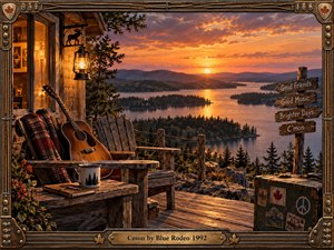 A rustic lakeside cabin overlooks island-dotted water beneath a glowing orange sunset, creating a warm, reflective mood. Weathered chairs, an acoustic guitar, lantern, mug, journal, flowers, and travel case enrich the handcrafted scene. A detailed wood-and-metal musical frame surrounds the richly textured, nostalgic composition.