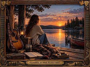 A woman sits quietly on a weathered lakeside dock at sunset, surrounded by an acoustic guitar, glowing lantern, journal, blanket, and canoe. Warm amber light reflects across calm water beneath dramatic clouds, creating a nostalgic, contemplative mood. An ornate carved wood and bronze musical frame completes the richly detailed scene.