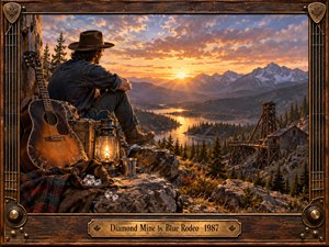 A solitary musician overlooks a rugged mountain valley and abandoned mine at sunset, surrounded by a weathered guitar, glowing lantern, crystals, and rocky wilderness. Warm amber light contrasts with cool distant peaks, creating a reflective, nostalgic mood. Detailed rustic realism and a handcrafted wooden musical frame deepen the frontier atmosphere.