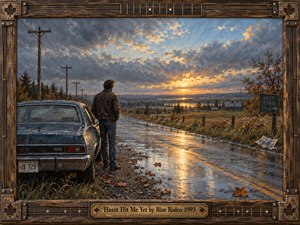 A solitary man stands beside a weathered blue car on a rain-slick country road, facing a glowing autumn sunset. Moody clouds, wet pavement, distant farms, and fading trees create a reflective atmosphere. Rich oil-painted textures, warm gold light, cool blues, and the handcrafted guitar-themed frame deepen the sense of quiet realization.