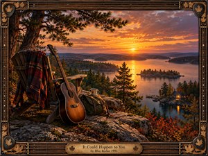 A weathered chair, acoustic guitar, plaid blanket, and travel bag overlook a tranquil island lake at sunset. Warm amber light washes across autumn trees, rocky ground, and reflective water beneath dramatic clouds. Richly realistic textures and a guitar-inspired wooden frame create a nostalgic, contemplative atmosphere of possibility and change.