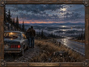 A weathered couple stands beside an aging car on a mountain roadside, overlooking a winding highway, distant town lights, and misty valleys beneath a moonlit storm sky. Warm amber glows contrast with cool blue-gray clouds, while textured painterly brushwork, rustic framing, and autumn grasses create a tender, reflective mood.
