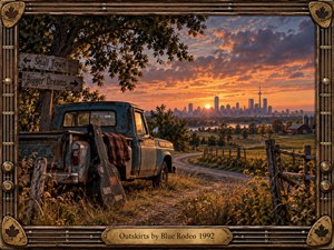A weathered blue pickup and guitar case rest beside a winding country road overlooking distant Toronto at sunset. Golden fields, rustic fences, barns, and autumn trees glow beneath dramatic orange and purple clouds. Detailed painterly realism, directional signs, and a guitar-inspired wooden frame create a nostalgic, restless atmosphere.