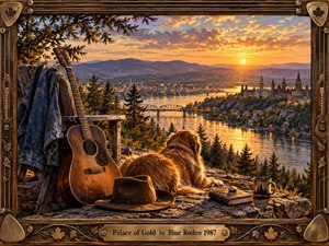 A weathered acoustic guitar, denim jacket, hat, journal, and resting dog overlook a winding river and distant city glowing beneath a golden sunset. Warm amber light, rugged stone, dark evergreens, and mountain silhouettes create a reflective, nostalgic mood, framed by richly carved wood, bronze hardware, maple leaves, and musical details.