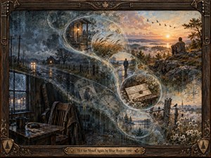 A weathered mixed-media landscape follows a luminous S-curve through rain-dark memories into a golden sunrise. A solitary man, rural roads, porch light, letters, clocks, wildflowers, and distant water suggest reflection and recovery. Cool blue-gray shadows gradually warm to amber light within a carved wooden musical frame.