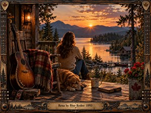 A woman sits quietly on a rustic lakeside porch at sunset, surrounded by a weathered guitar, sleeping dog, rocking chair, flowers, mug, and journal. Golden light spreads across the water toward distant mountains, creating a warm, reflective mood within an ornate, handcrafted musical frame of wood and metal.