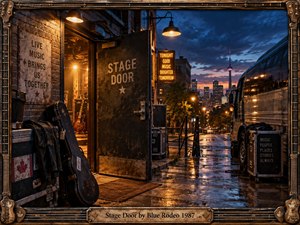 A rain-soaked theater alley glows with warm amber light from an open stage door, contrasting against a deep blue evening skyline. Guitar cases, touring equipment, a waiting bus, and reflective pavement create a nostalgic backstage atmosphere, framed by weathered wood, metal hardware, guitar strings, and maple leaf details.
