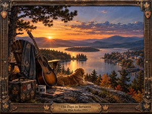 A weathered guitar, denim jacket, travel case, books, and resting golden dog overlook a broad Canadian lake at sunset. Warm amber light crosses autumn forests, distant mountains, islands, and a quiet town beneath blue violet clouds. Detailed painterly realism and a handcrafted musical frame create a reflective, nostalgic atmosphere.