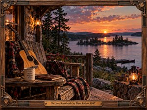 A rustic lakeside cabin porch glows beneath a fiery sunset, creating a warm, reflective mood. A weathered wooden chair, acoustic guitar, plaid blanket, journal, lanterns, and flowers frame the tranquil water and forested islands. Rich amber light, natural textures, and an ornate musical wooden frame evoke heartfelt nostalgia.