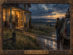 A rain-soaked country lane leads between a glowing farmhouse and a weathered blue truck beneath a dramatic twilight sky. A woman watches from the porch as a solitary man stands outside, creating quiet emotional tension. Rich amber light, deep blues, reflective puddles, and textured oil brushwork give the scene a nostalgic, handcrafted mood.