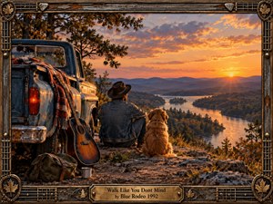 A lone traveler and golden dog overlook a winding river valley at sunset beside a weathered blue pickup and acoustic guitar. Warm amber light, distant blue mountains, autumn trees, and rugged stone create a reflective, independent mood. The richly detailed realistic scene is enclosed by an ornate musical frame.
