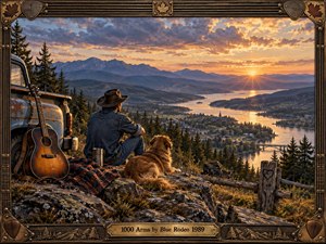 A weathered traveler and golden dog overlook a winding lake valley at sunset beside an old blue pickup and acoustic guitar. Warm amber light washes across rugged rocks, pine forests, distant mountains, and quiet town lights. Rich painterly detail, rustic textures, dramatic clouds, and an ornate musical frame create reflective nostalgia.