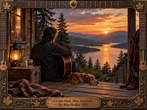 A solitary guitarist sits with his dog on a rustic cabin porch overlooking a mountain lake at sunset. Warm orange light reflects across the water beneath glowing clouds, creating a peaceful yet introspective mood. Weathered wood, lantern light, blankets, boots, carved maple leaves, and an ornate guitar-themed frame enrich the handcrafted scene.