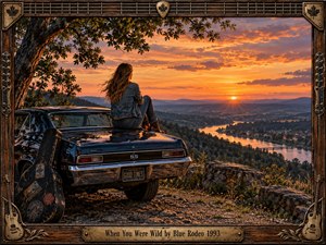 A lone woman sits on a vintage black muscle car overlooking a winding river valley at sunset, evoking freedom, memory, and restless youth. Warm orange light fills the dramatic sky and distant hills, while a weathered guitar case, rugged landscape, and handcrafted musical frame enrich the detailed painterly realism.