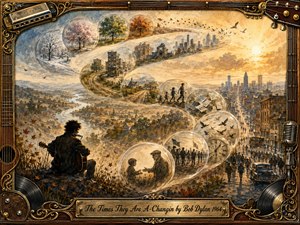 A lone folk musician overlooks a sweeping landscape where translucent memory bubbles curve in an S-shaped timeline from rural past to modern city life. Warm gold, sepia, blue, and autumn tones create a reflective, hopeful mood. Painterly watercolor textures, glowing skies, marching figures, clocks, birds, and an ornate musical frame suggest change across generations.