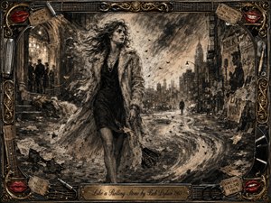 A windswept woman strides through a gritty 1960s city street, leaving faded glamour behind as debris swirls around her. Deep charcoal and sepia textures create a raw, restless mood, with smoky lighting, torn folk posters, distant figures, and wet pavement. An ornate musical frame surrounds the scene with brass, strings, tickets, vinyl, and red lips.