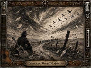 A solitary folk musician sits beside a windswept country road, watching distant figures journey beneath a turbulent sky. Deep charcoal textures, drifting feathers, soaring birds, and weathered fences create a reflective, searching mood. Warm sepia highlights soften the monochrome scene, framed by ornate wood, metal, musical notes, guitar strings, harmonica, and vintage microphone details.