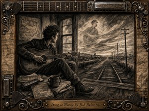 A young folk musician sits with an acoustic guitar in a weathered room, gazing toward railroad tracks stretching beneath a turbulent sky where a ghostly guitarist appears. Deep charcoal textures, warm sepia tones, and dramatic shadows create a reflective, reverent mood, surrounded by an ornate frame of strings, metalwork, musical fragments, and engraved brass.