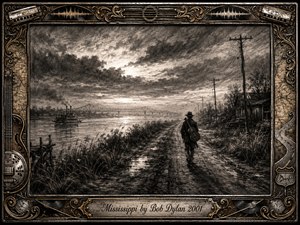 A lone traveler walks a muddy riverside road beneath a storm-darkened Mississippi sky, guitar slung across his back. Deep charcoal textures, smoky grays, and faint sepia-gold accents create a weathered, reflective mood. A steamboat, distant bridge, telephone poles, reeds, and ornate musical frame suggest memory, movement, regret, and enduring Americana.