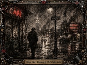 A solitary figure walks through a rain-slicked city at night, surrounded by fading cafes, motel neon, blurred headlights, and weathered streets. Deep charcoal textures, smoky grays, sepia shadows, and muted red highlights create a weary noir mood. An ornate musical frame of chrome, gold, cables, records, and red lips completes the scene.