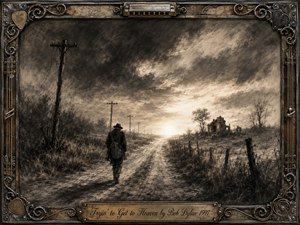 A lone traveler walks a weathered country road toward a pale horizon beneath turbulent charcoal clouds. Telephone poles, tangled fences, dry grasses, and a ruined farmhouse deepen the desolate mood. Warm sepia highlights soften the black-and-gray drawing, while an ornate metal frame of guitar strings, picks, and engraved details suggests music, memory, and spiritual passage.