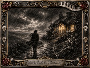 A solitary figure walks through wind and rain toward a warmly glowing cottage, surrounded by a dramatic charcoal landscape of dark clouds, wet paths, distant lights, and tangled flowers. Deep blacks and silvery grays contrast with golden illumination, while an ornate chrome-and-gold musical frame, roses, guitar strings, piano keys, and engraved title plate complete the romantic composition.