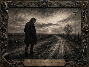 A solitary man stands on a muddy country road beneath a fading dusk sky, surrounded by barren fields, distant trees, and receding telephone poles. Deep feathered charcoal textures create a somber, reflective mood, while pale horizon light contrasts with gathering darkness. An ornate weathered metallic frame features roses, guitar strings, records, cables, and musical motifs.