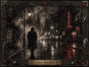 A solitary figure walks through a rain-soaked city street beneath smoky lamps and fading neon, evoking loneliness, heartache, and emotional exhaustion. Deep feathered charcoal textures dominate, accented by muted sepia and crimson reflections. An ornate music-themed metal frame surrounds the scene, with roses, records, cables, and an engraved title plate.