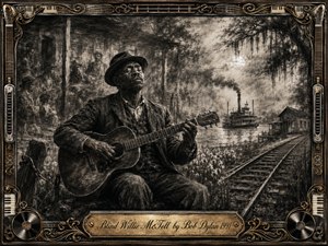 A blind blues guitarist sits beside railroad tracks and a misty Southern river, surrounded by ghostlike memories, weathered buildings, cotton fields, and a distant steamboat. Deep charcoal tones, sepia highlights, and dramatic filtered light create a mournful, timeless mood. Ornate musical filigree and antique gold framing complete the haunting composition.