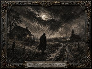 A solitary man in a long black coat walks a windswept country road beneath a storm-dark moon, while a distant farmhouse, church, and shadowed figure deepen the mystery. Rich charcoal textures, smoky grays, muted sepia light, and dramatic shadows create a haunting Gothic mood, framed by ornate metalwork, roses, guitar strings, and gold accents.