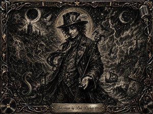 A mysterious Jokerman stands at the center of a storm-tossed, symbolic landscape, surrounded by ravens, lightning, ruins, waves, roses, and a coiled serpent. Deep charcoal textures, smoky shadows, and pale highlights create a prophetic, theatrical mood, while an ornate gold-and-chrome musical frame and engraved title plate complete the composition.