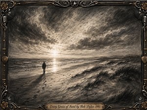 A solitary figure walks a windswept shoreline beneath a vast, turbulent sky, illuminated by soft golden light breaking across the water and wet sand. Rendered in richly textured charcoal, the scene feels contemplative and spiritual. An ornate bronze-and-chrome musical frame with roses, records, microphones, stars, and an engraved title plate surrounds the image.