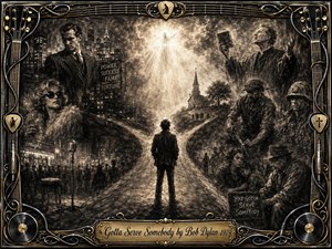 A lone figure stands at a symbolic crossroads between worldly ambition and spiritual devotion, surrounded by ghostly portraits of workers, soldiers, entertainers, and preachers. Deep charcoal textures, smoky sepia tones, and radiant central light create a solemn mood, while an ornate musical frame and engraved title plate complete the dramatic composition.
