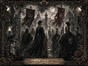A solemn charcoal procession unfolds beneath moonlit gates, where armored guards, cloaked figures, and a poised woman symbolize transition and uncertain power. Smoky grays, deep blacks, muted gold, and crimson accents heighten the gothic atmosphere. Ornate musical metalwork, roses, banners, an hourglass, and dramatic lighting enrich the intricate frame.