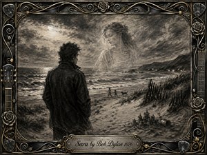 A solitary man stands on a windswept moonlit shore, gazing toward a ghostlike woman emerging from the mist above restless waves. Deep feathered charcoal textures create a tender, nostalgic mood, while distant children, dunes, and a sandcastle suggest family memories. Ornate musical metalwork, roses, strings, and gold accents frame the scene.