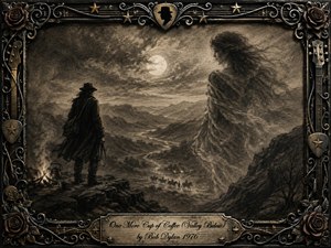 A lone traveler stands beside a small fire and coffee cup, gazing across a moonlit mountain valley as a ghostly woman emerges from swirling charcoal mist. Deep sepia, black, and silver tones create a haunting, romantic mood. Ornate roses, guitar strings, stars, and metalwork frame the richly textured charcoal scene.