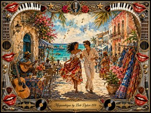 A joyful couple dances along a sunlit seaside street overlooking turquoise water, framed by colorful buildings, palms, flowers, musicians, and flowing market fabrics. Warm gold, coral, blue, and red tones create a carefree romantic mood. The richly textured painted style is surrounded by an ornate music-themed chrome-and-gold decorative frame.
