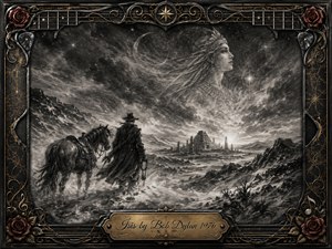 A lone traveler and horse cross a windswept winter wilderness toward distant ancient ruins beneath a ghostly, regal female apparition. Deep charcoal textures, smoky grays, bright highlights, and turbulent clouds create a mysterious, mythic mood. An ornate black-and-gold musical frame with roses, strings, stars, and an engraved title plate completes the composition.