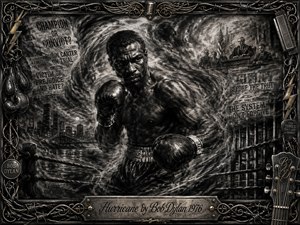 A powerful boxer stands at the center of a stormy charcoal composition, surrounded by swirling smoke, prison bars, courtroom imagery, newspaper fragments, and a distant city skyline. Deep blacks, silvery grays, and sharp highlights create a tense, defiant mood, while an ornate metal frame with musical details reinforces the dramatic historical atmosphere.