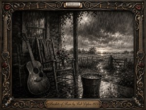 A rain-soaked farmhouse porch opens onto shadowy fields beneath a stormy dusk sky. A weathered chair, leaning acoustic guitar, roses, and a metal bucket catching raindrops create a quiet, nostalgic mood. Deep charcoal textures, silvery highlights, and wet reflections are enclosed by an ornate musical frame with gold accents and engraved title plate.