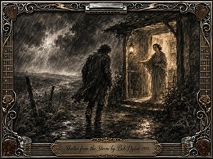 A weary traveler crosses a rain-lashed landscape toward a warmly glowing doorway, where a welcoming woman offers refuge. Deep charcoal textures, storm clouds, lightning, and muddy reflections create a dark, dramatic mood, while amber light brings hope. An ornate music-themed metal frame and engraved title plate complete the vintage composition.