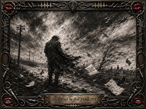 A solitary figure battles a violent wind across a bleak roadside landscape, surrounded by flying papers, barren trees, telephone poles, and distant industrial silhouettes. Deep feathered charcoal textures create a stormy monochrome atmosphere, accented by subtle red lips and metallic details. An ornate music-themed frame and engraved title plate complete the dramatic composition.