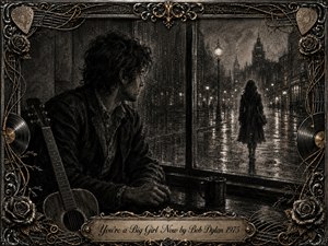 A solitary man sits beside an acoustic guitar, gazing through a rain-streaked window as a woman walks away along a glowing city street. Deep charcoal textures, smoky grays, and warm gold accents create a mournful, reflective mood. Ornate roses, records, strings, and filigree frame the intimate nighttime scene.