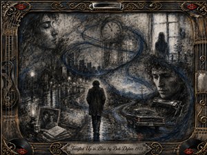 A solitary traveler walks a rain-slicked road through layered memories of city streets, distant landscapes, faces, and a waiting woman. Deep feathered charcoal textures mingle with muted blue ribbons, creating a wistful, dreamlike mood. An ornate guitar-and-vinyl-inspired frame, gold filigree, red lips, and engraved title plate complete the nostalgic composition.
